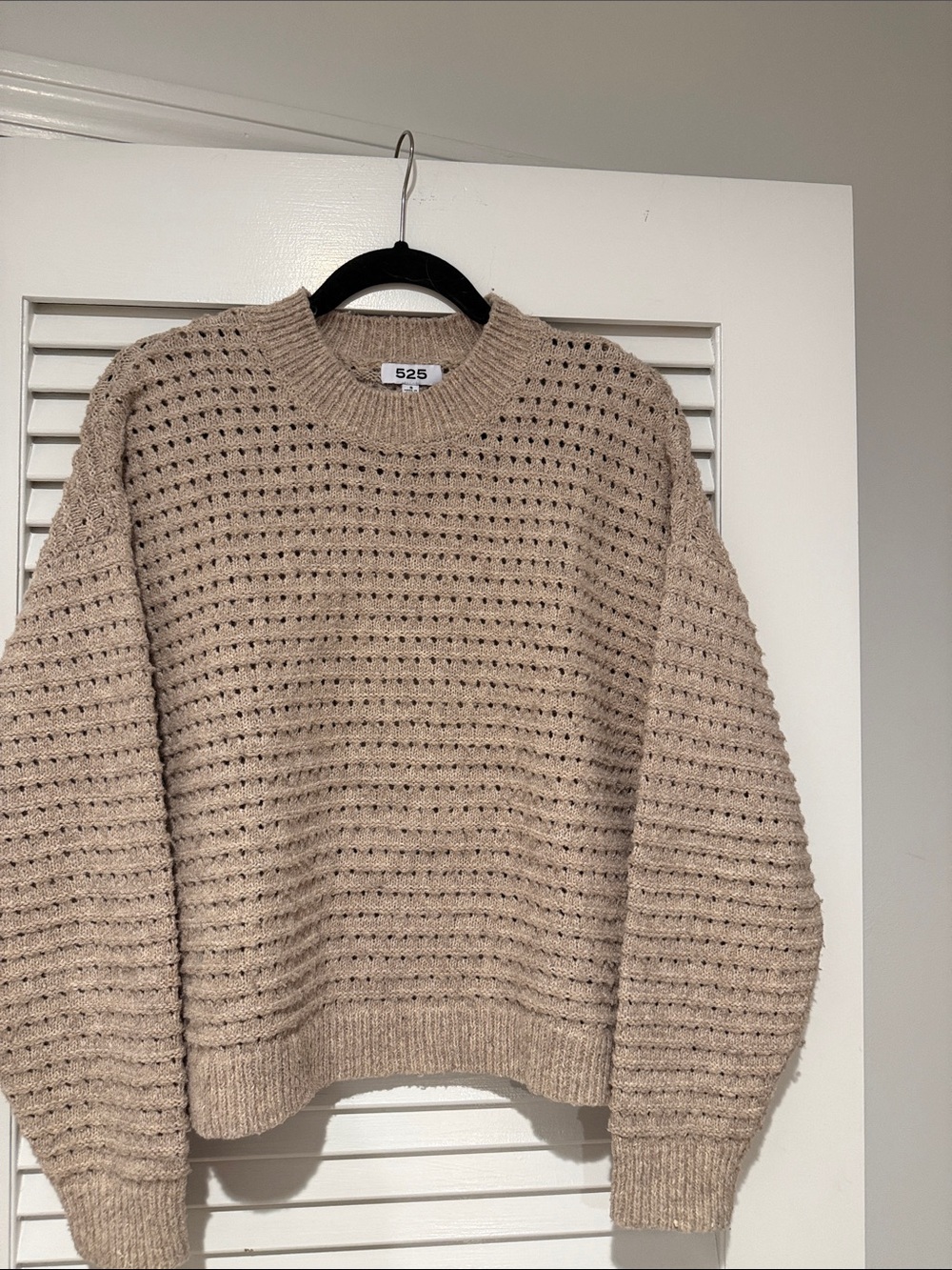 525 America Open-Knit Cropped Crewneck Sweater in Beige
